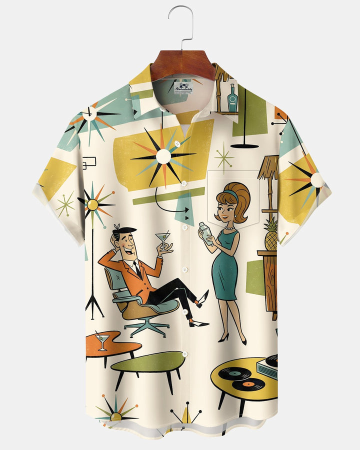 Alohadaddy® Retro Atomic Mid-Century Geometrisk Cocktail Kortærmet Skjorte