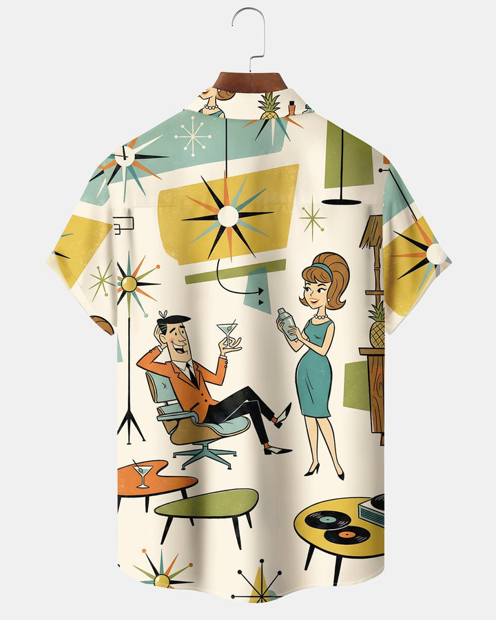 Alohadaddy® Retro Atomic Mid-Century Geometrisk Cocktail Kortærmet Skjorte