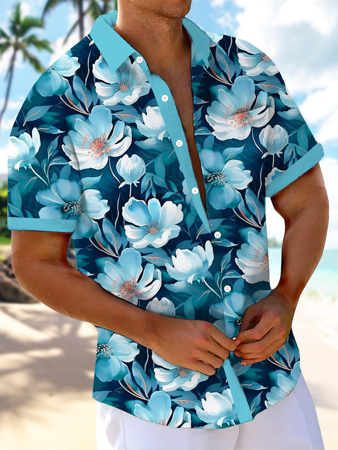 Alohadaddy Hawaiian Floral Print Men's Button Pocket Short Sleeve Shirt