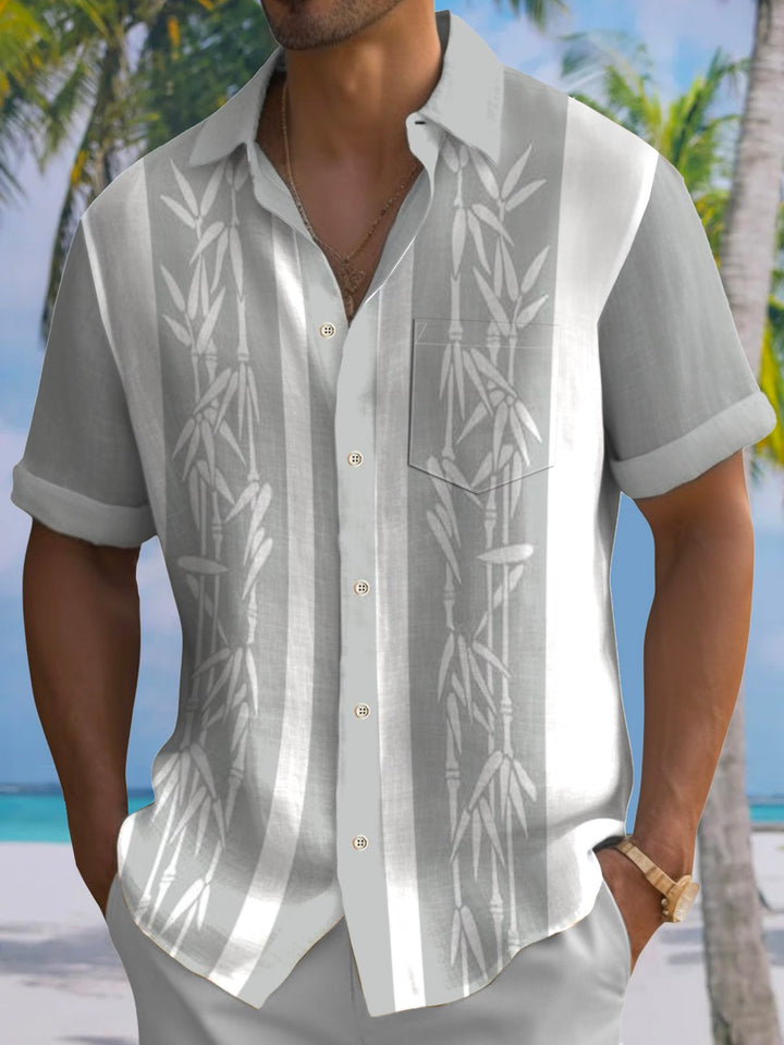 Alohadaddy Pocket Vintage Bowling Plant Bamboo Print Beach Men's Hawaiian Big And Tall Shirt