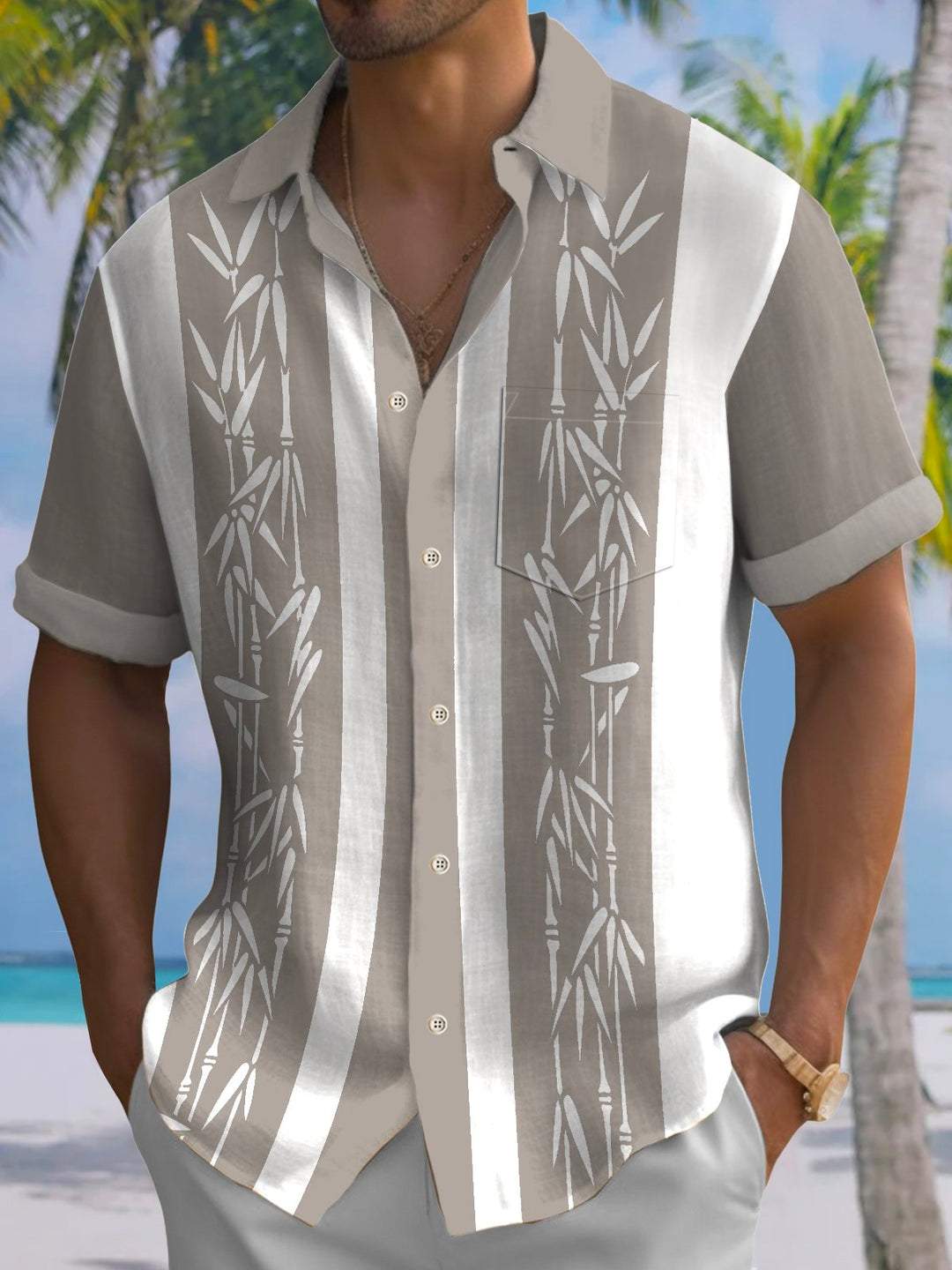 Alohadaddy Pocket Vintage Bowling Plant Bamboo Print Beach Men's Hawaiian Big And Tall Shirt