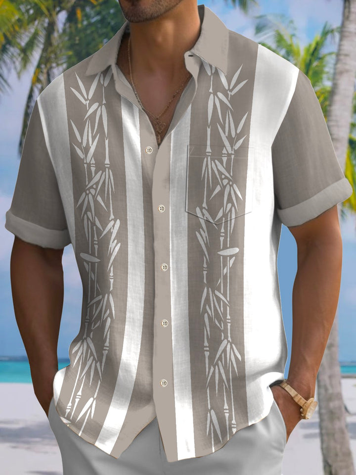 Alohadaddy Pocket Vintage Bowling Plant Bamboo Print Beach Men's Hawaiian Big And Tall Shirt