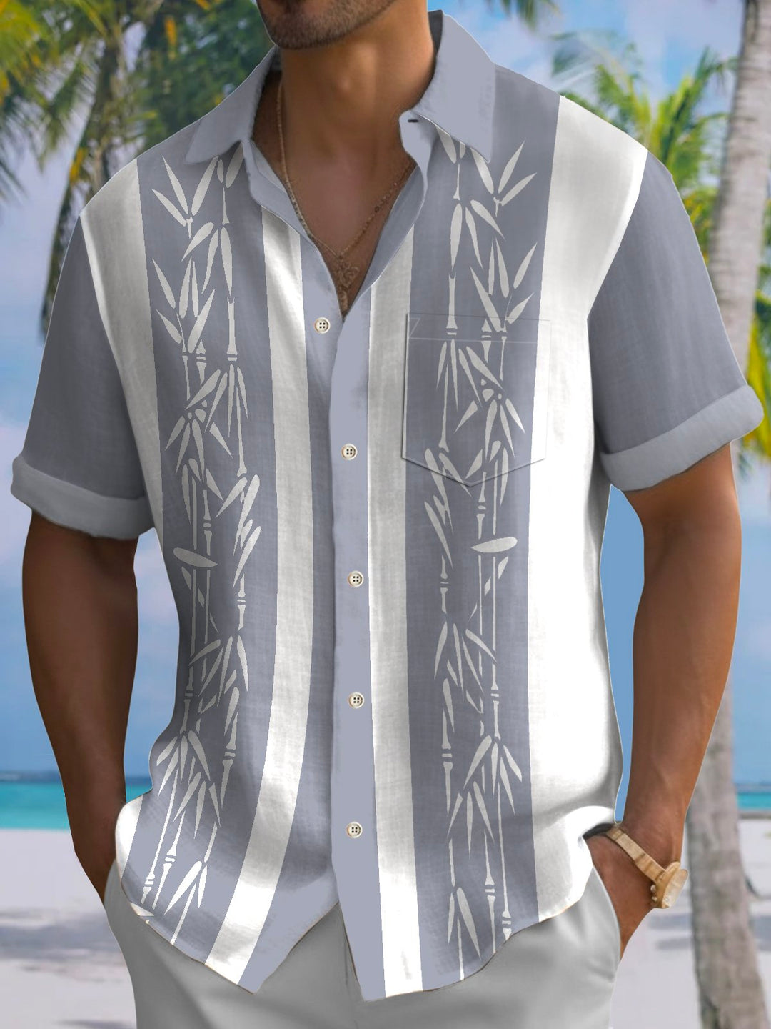 Alohadaddy Pocket Vintage Bowling Plant Bamboo Print Beach Men's Hawaiian Big And Tall Shirt