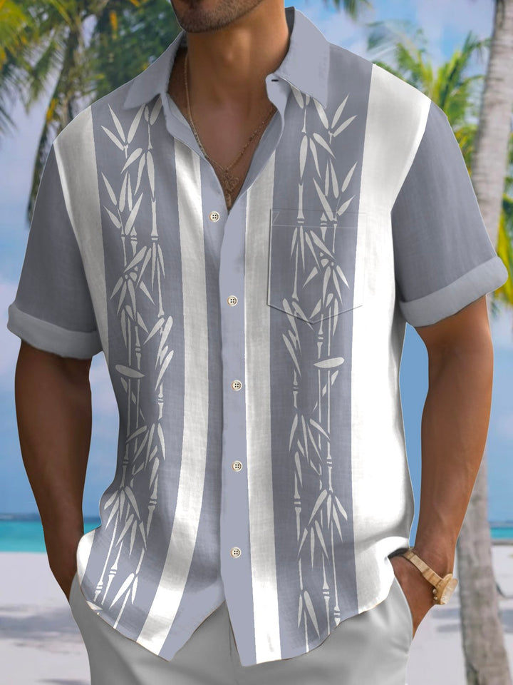 Alohadaddy Pocket Vintage Bowling Plant Bamboo Print Beach Men's Hawaiian Big And Tall Shirt