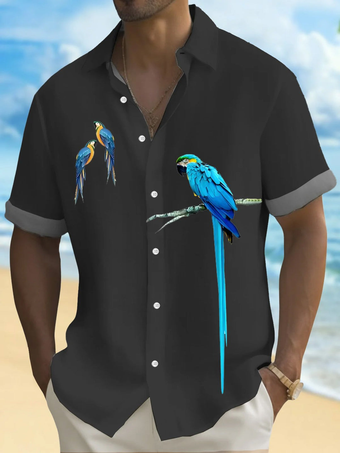 Alohadaddy® Hawaiian Parrot Print Men's Button Short Sleeve Shirt Big & Tall