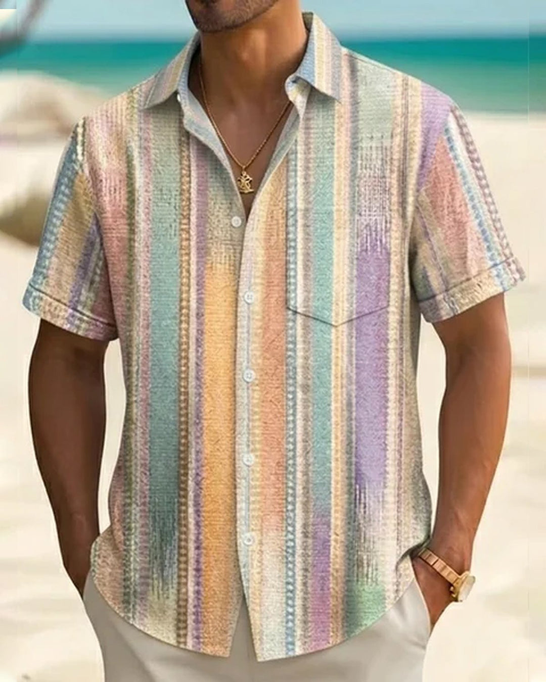 Alohadaddy® Men's Vintage Abstract Geometric Washed Stripes Print Retro Short-Sleeve Shirt