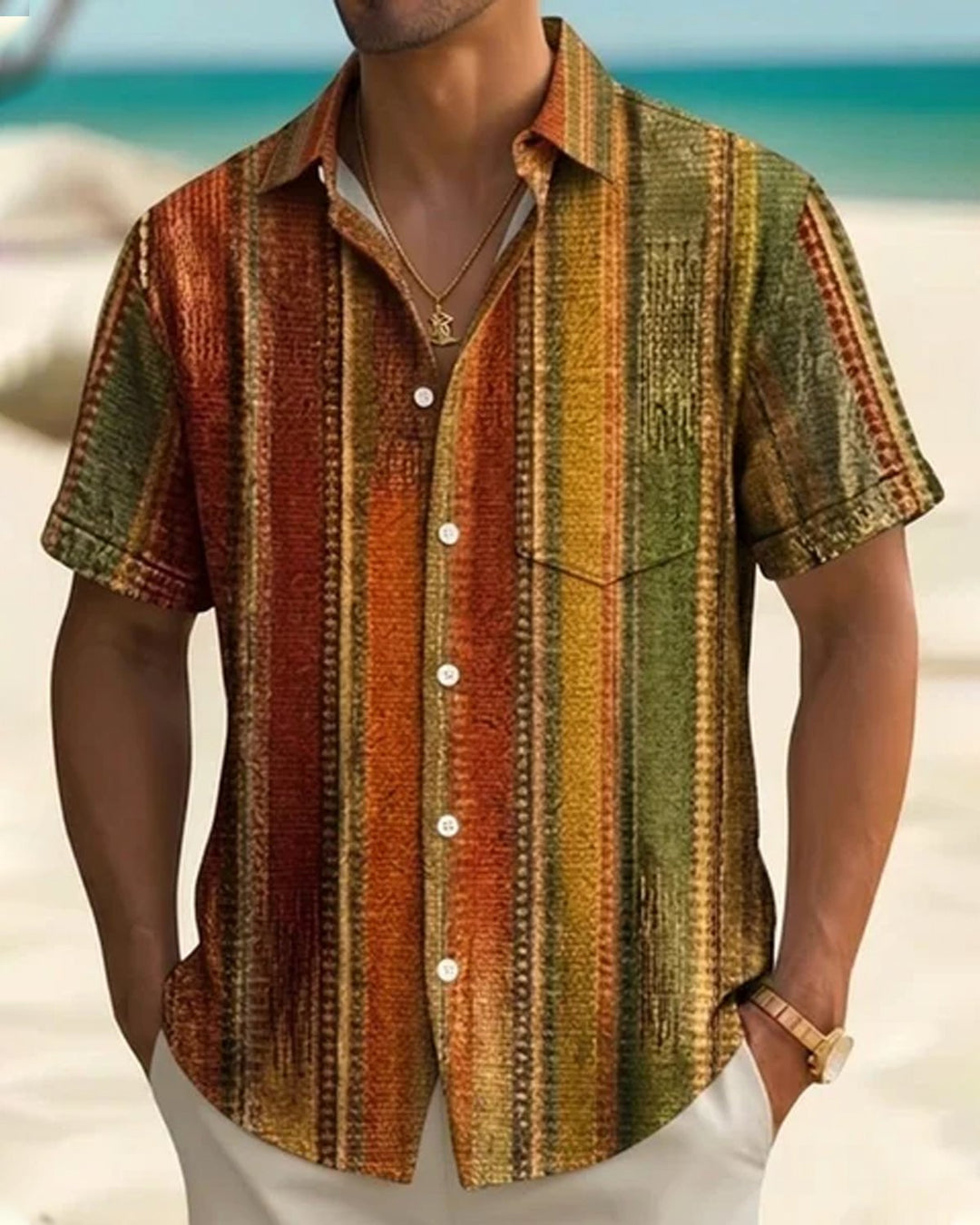Alohadaddy® Men's Vintage Abstract Geometric Washed Stripes Print Retro Short-Sleeve Shirt