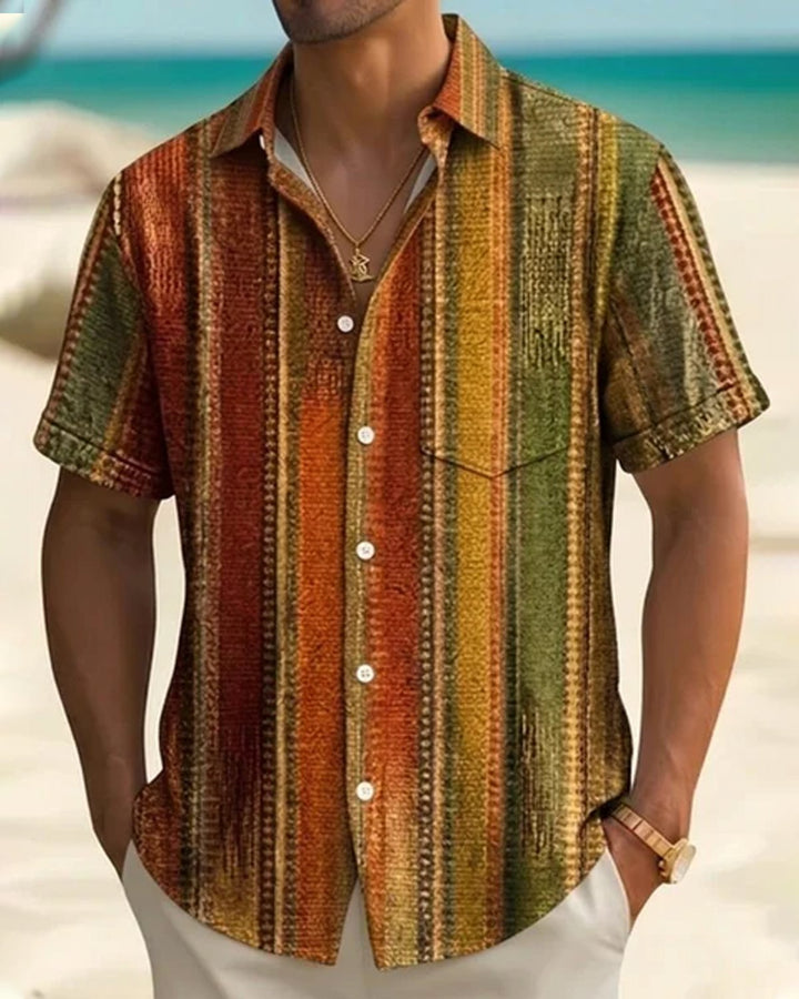 Alohadaddy® Men's Vintage Abstract Geometric Washed Stripes Print Retro Short-Sleeve Shirt