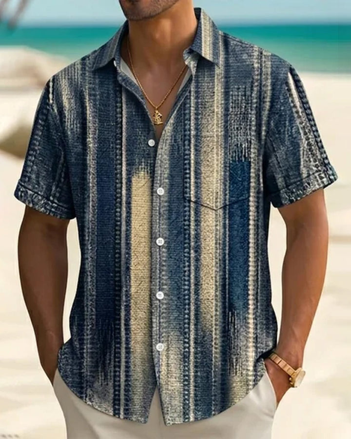 Alohadaddy® Men's Vintage Abstract Geometric Washed Stripes Print Retro Short-Sleeve Shirt