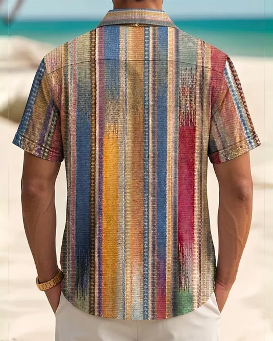 Alohadaddy® Men's Vintage Abstract Geometric Washed Stripes Print Retro Short-Sleeve Shirt