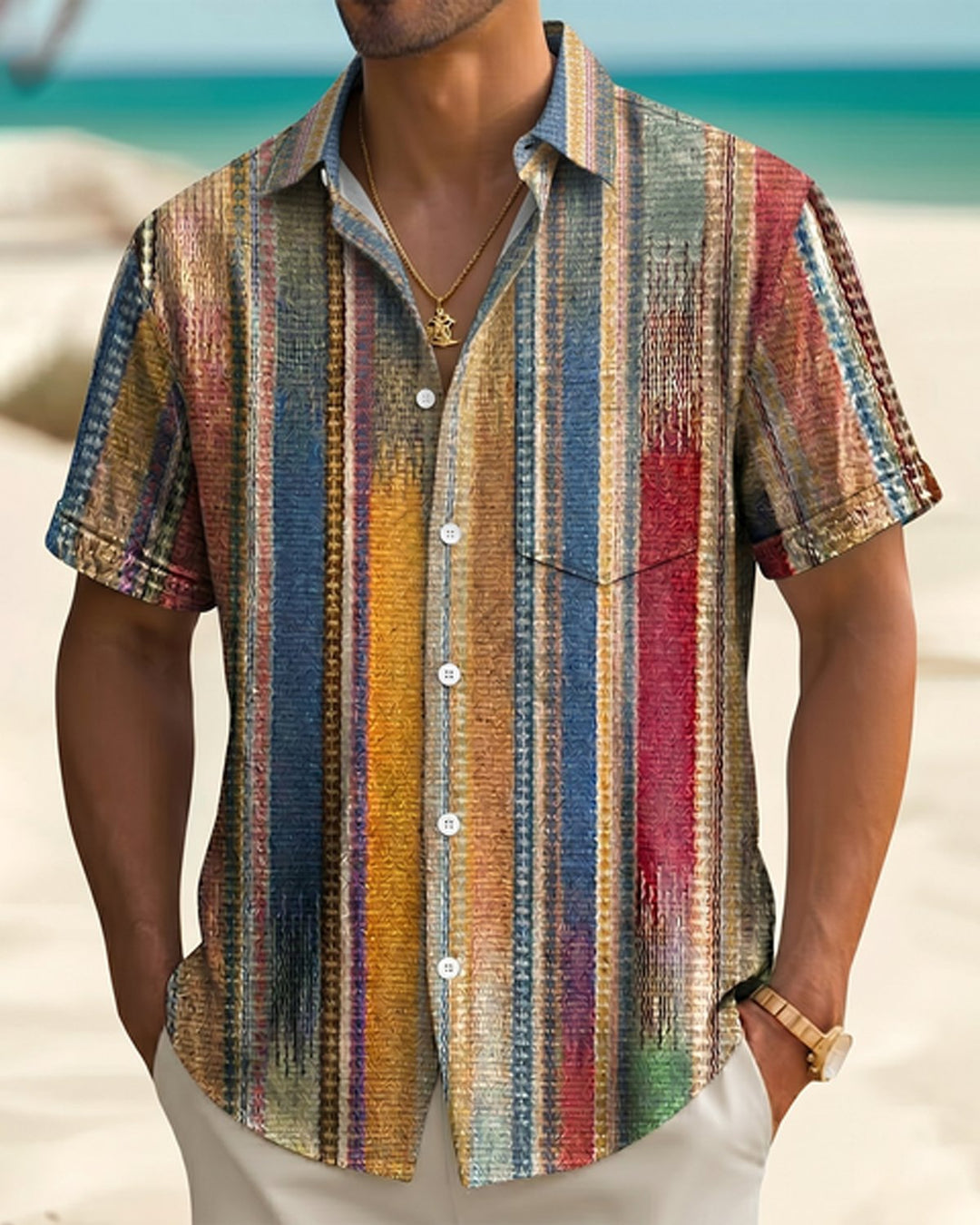 Alohadaddy® Men's Vintage Abstract Geometric Washed Stripes Print Retro Short-Sleeve Shirt