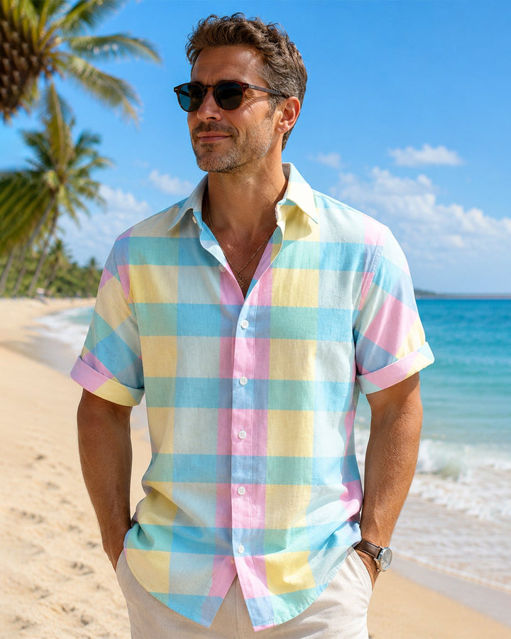 Alohadaddy® Men's Basic Pastel Plaid Check Print Button-Down Pocket Short-Sleeve Shirt Big & Tall