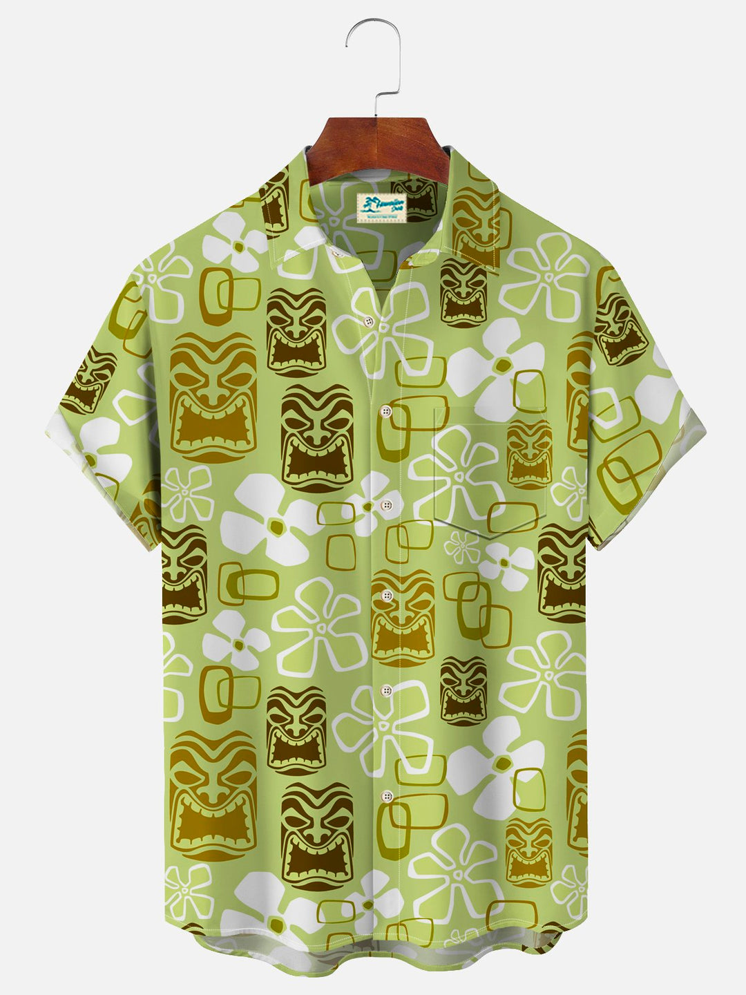 Alohadaddy Vintage Holiday Tiki Art Green Men's Hawaiian Shirts Stretch Aloha Camp Pocket Shirts