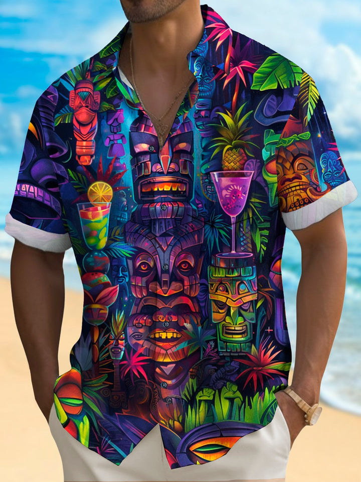 Alohadaddy Beach Vacation Men's Hawaiian Shirt Tiki Cocktail Tiki Bar Print Pocket Camping Shirt Big Tall