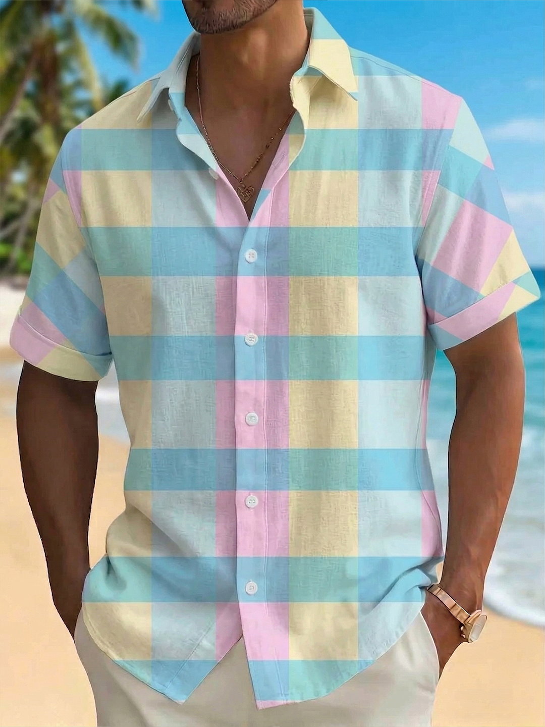 Alohadaddy® Men's Basic Pastel Plaid Check Print Button-Down Pocket Short-Sleeve Shirt Big & Tall
