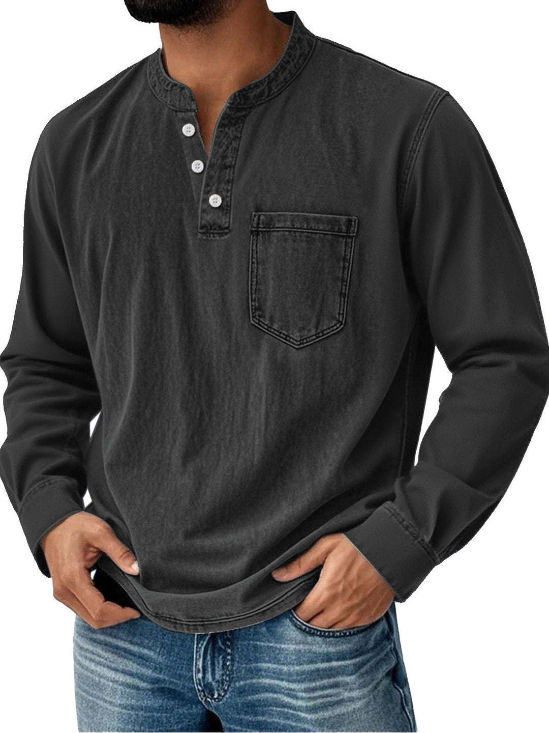 Alohadaddy® Basic Men's Casual Fashion Elastic Button Open Collar Long Sleeve Pocket T-Shirt Big Tall