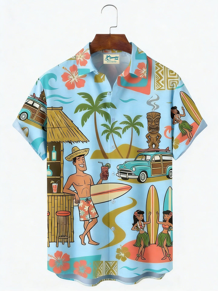 Alohadaddy® Hawaiian Medieval Geometric Cartoon Print Mænds Button-Down Kortærmet Skjorte Big & Tall
