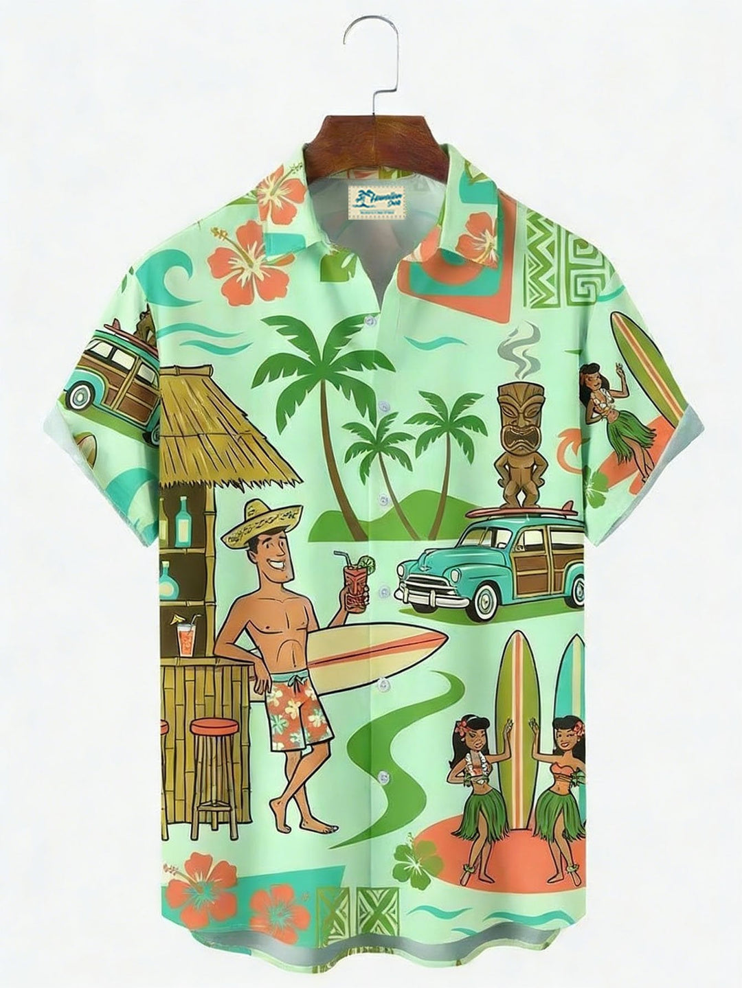 Alohadaddy® Hawaiian Medieval Geometric Cartoon Print Mænds Button-Down Kortærmet Skjorte Big & Tall