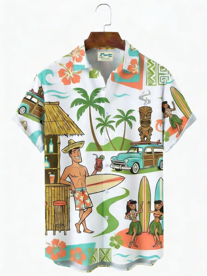 Alohadaddy® Hawaiian Medieval Geometric Cartoon Print Mænds Button-Down Kortærmet Skjorte Big & Tall