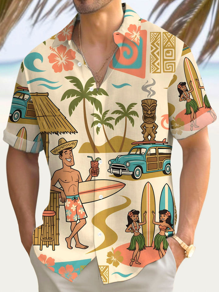 Alohadaddy® Hawaiian Medieval Geometric Cartoon Print Mænds Button-Down Kortærmet Skjorte Big & Tall