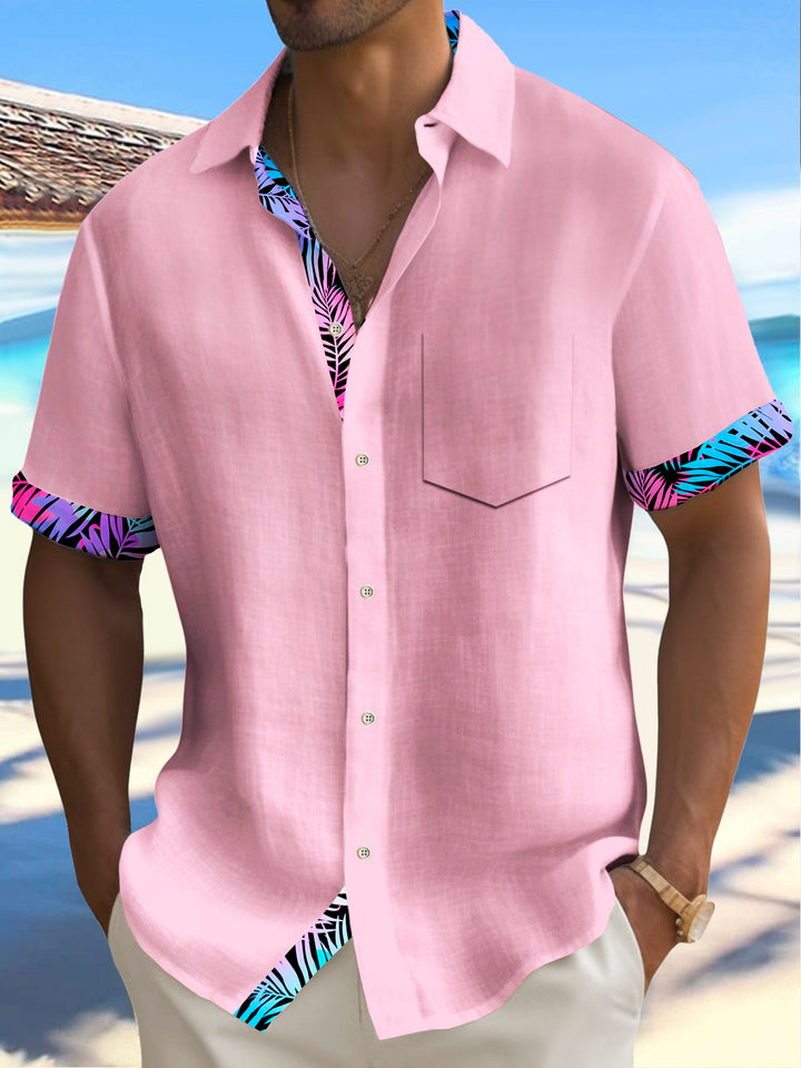 Alohadaddy Basic Men's Hawaiian Shirt Pink Botanical Print Stretch Pocket Camping Shirt