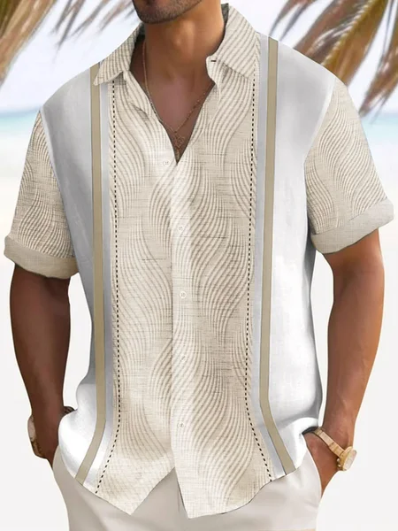 Alohadaddy Men's Vintage Geometric Textured 3D Bowling Print Button Pocket Short Sleeve Shirt