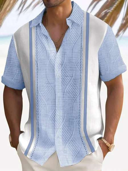 Alohadaddy Men's Vintage Geometric Textured 3D Bowling Print Button Pocket Short Sleeve Shirt