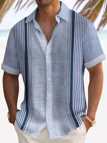 Alohadaddy Retro Striped Textured Bowling 3D Printed Men's Button Pocket Short Sleeve Shirt