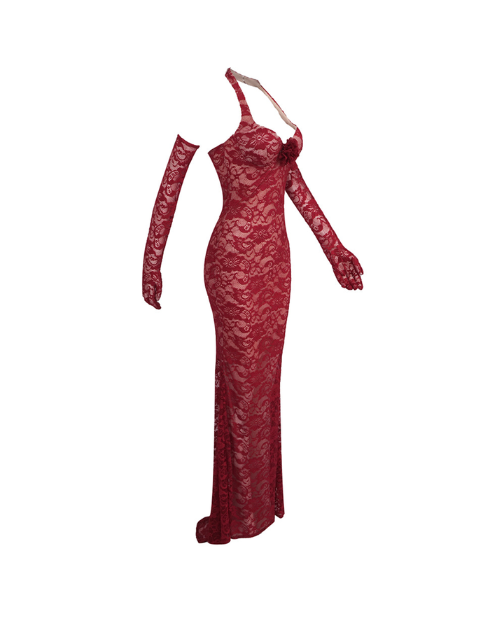 Denali Lace Mesh Maxi Dress In Wine Red