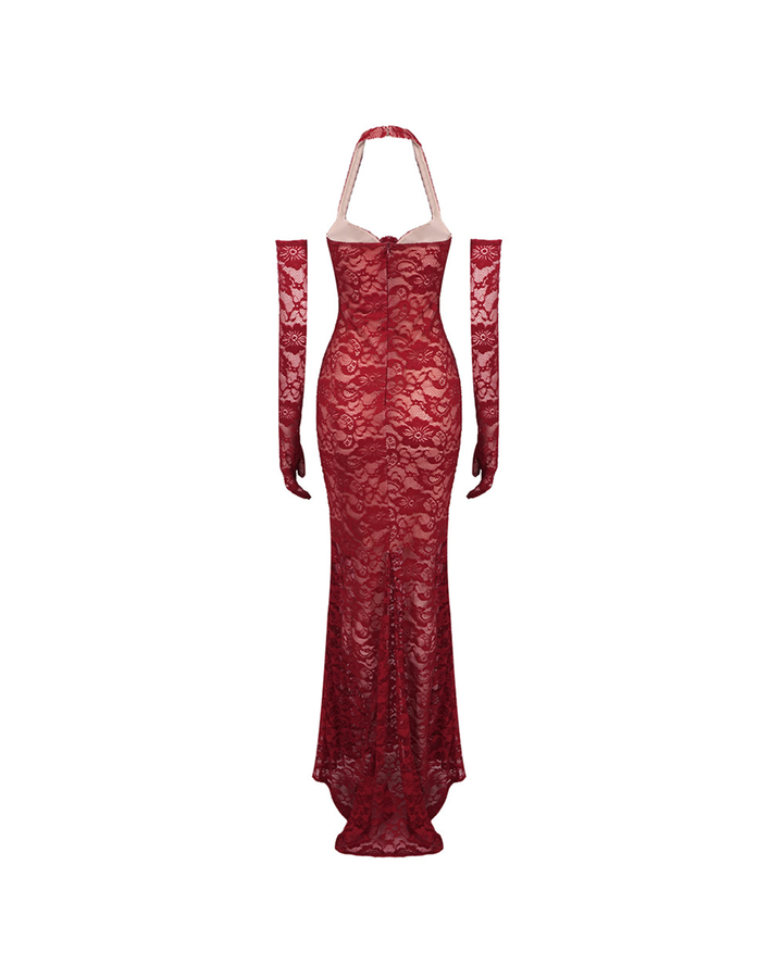 Denali Lace Mesh Maxi Dress In Wine Red