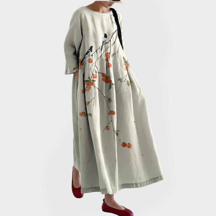 Elegant Maxikjole i Linned med Broderet Blomsterdæmpe