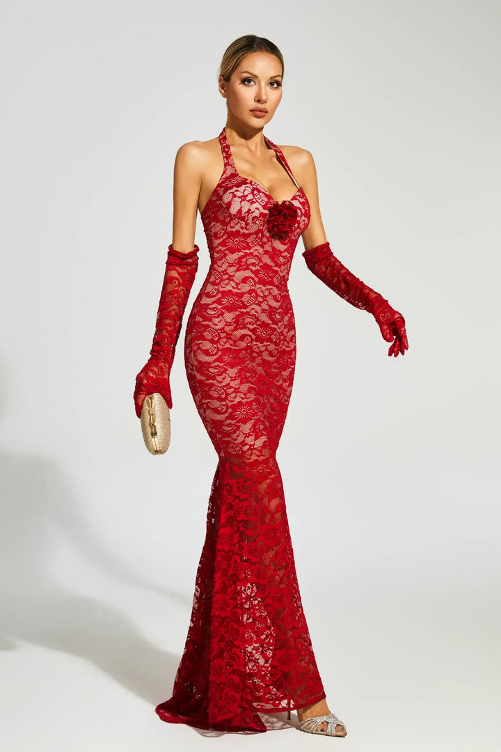 Denali Lace Mesh Maxi Dress In Wine Red