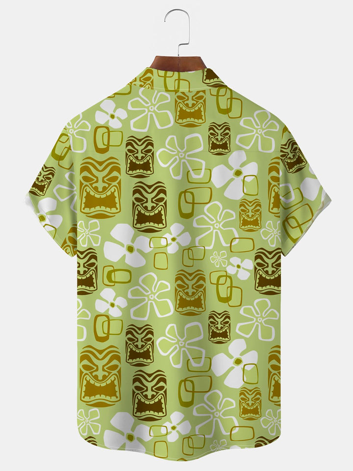 Alohadaddy Vintage Holiday Tiki Art Green Men's Hawaiian Shirts Stretch Aloha Camp Pocket Shirts