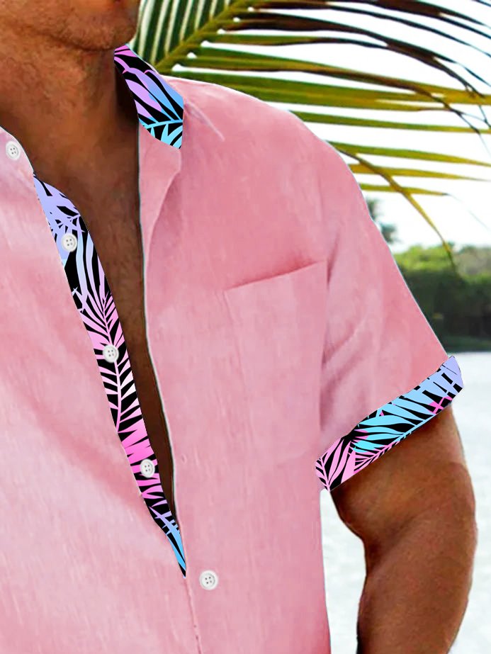 Alohadaddy Basic Men's Hawaiian Shirt Pink Botanical Print Stretch Pocket Camping Shirt