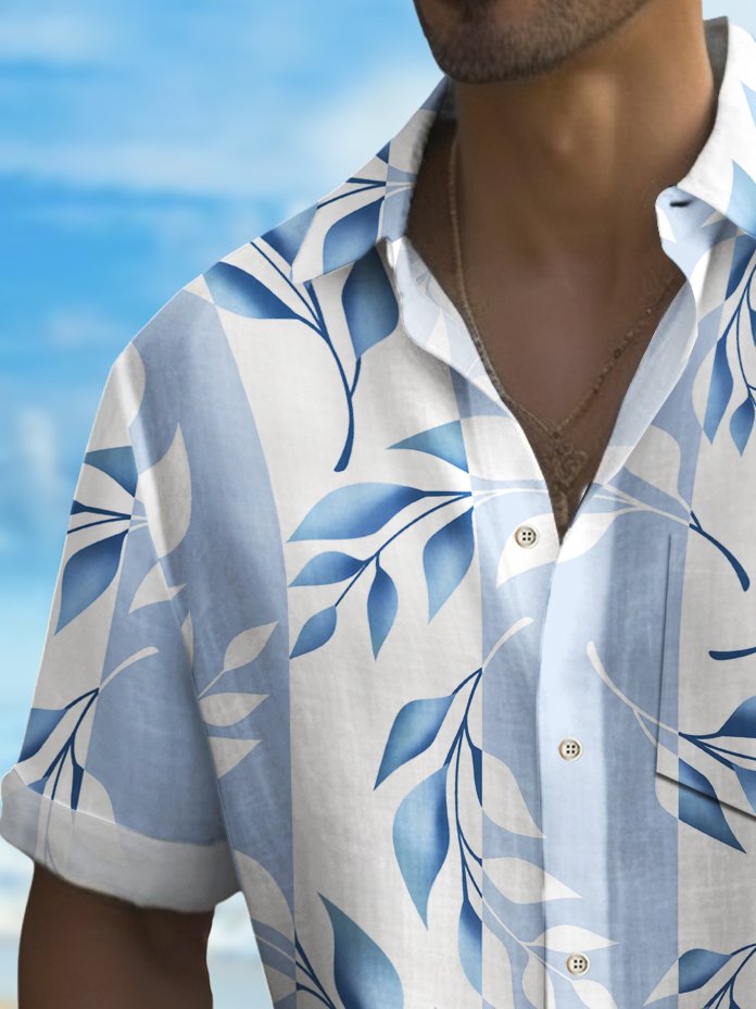 Alohadaddy Beach Vacation Men's Hawaiian Shirt Plant Leaf Print Pocket Camping Shirt