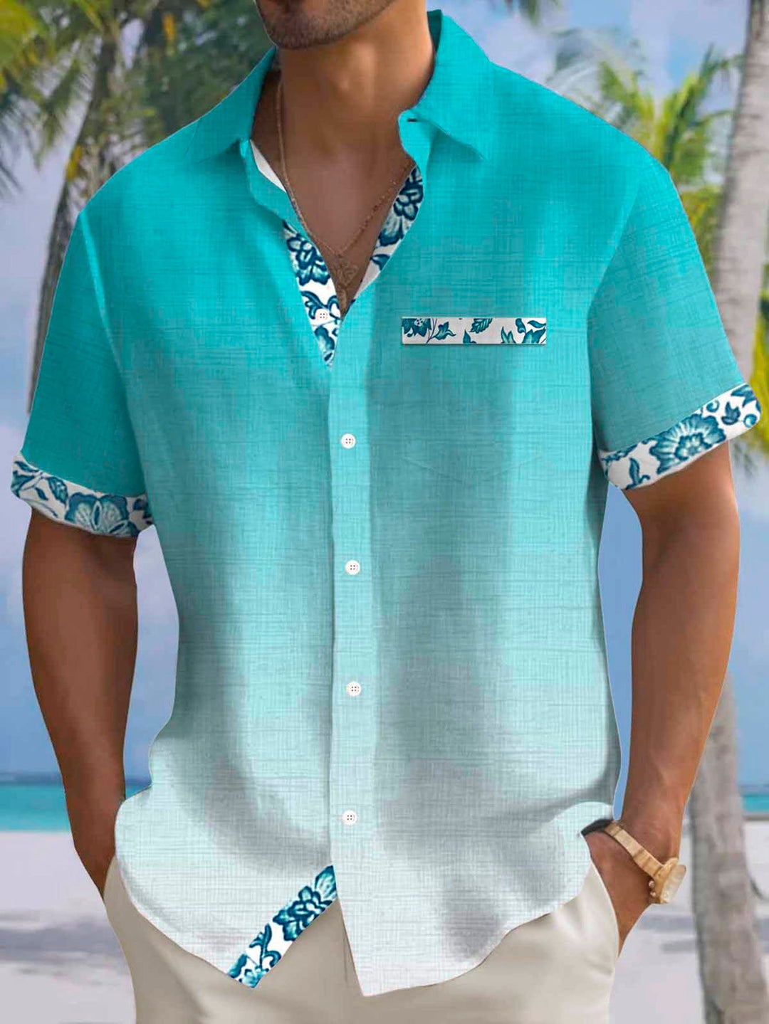 Alohadaddy® Hawaiian Gradient Floral Print Men's Short-Sleeved Button-Down Shirt Big & Tall