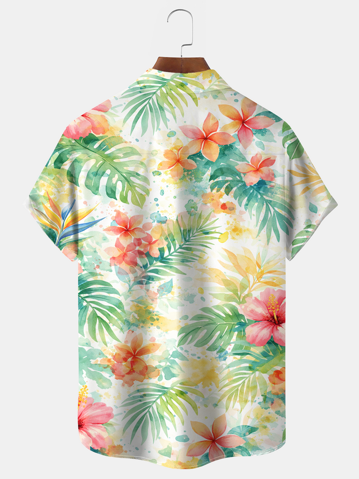 Alohadaddy® Men's Tropic Watercolor Gradient  Art Hibiscus  Parrot  Palm Tree   Forgiving Fit Camp Collar Print Retro Short-Sleeve Shirt Big & Tall