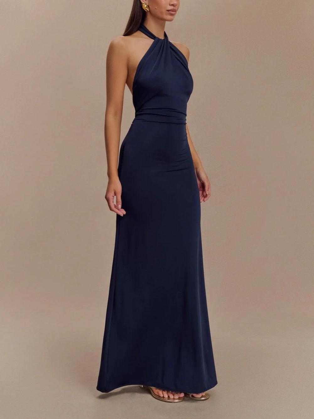 Slinky Halter Maxi Dress - Navy