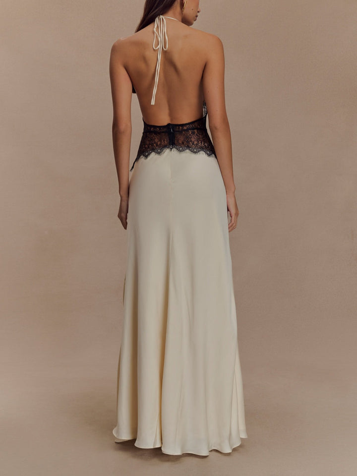 Deep V silk satin maxi dress with halterneck