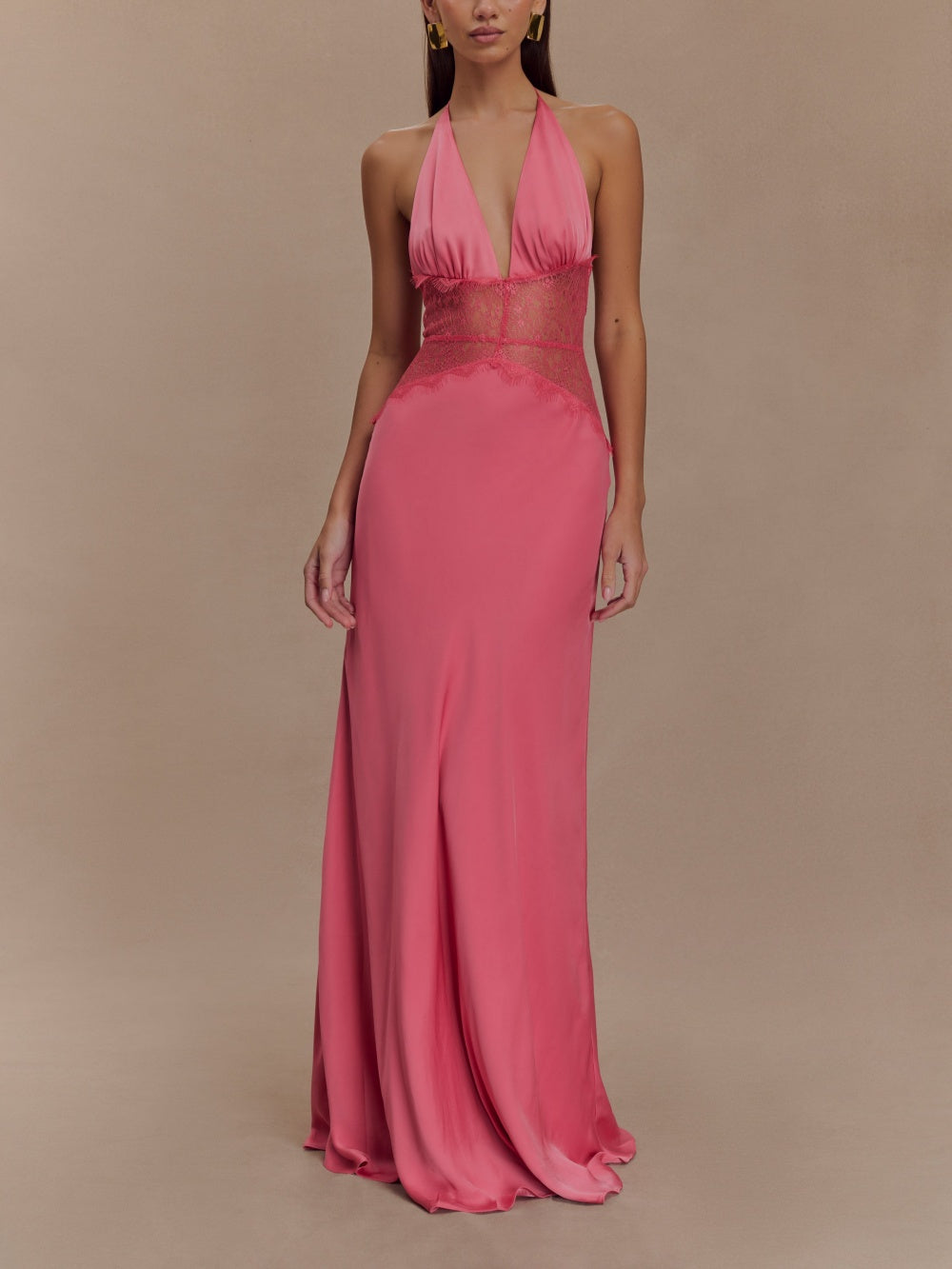 Deep V silk satin maxi dress with halterneck