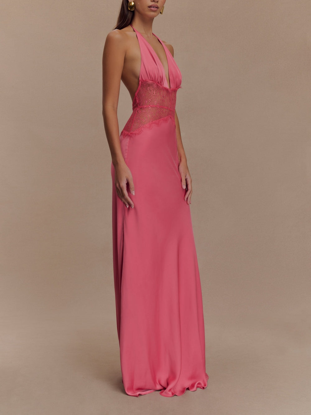 Deep V silk satin maxi dress with halterneck
