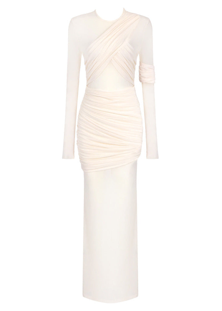 Ramesh Long Sleeve Mesh Insert Draped Maxi Dress In Apricot