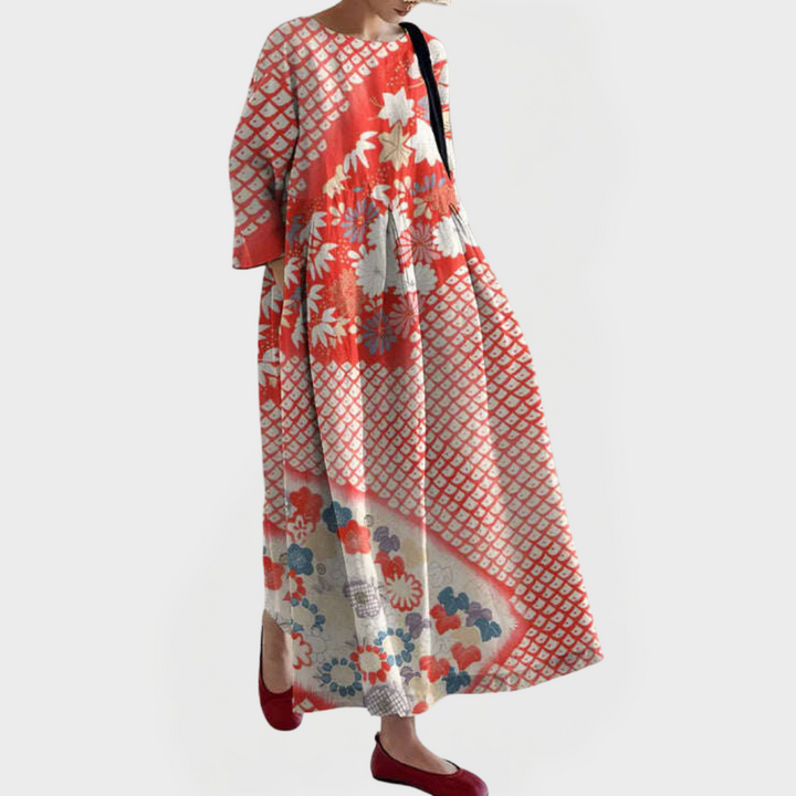 Elegant Maxikjole i Linned med Broderet Blomsterdæmpe