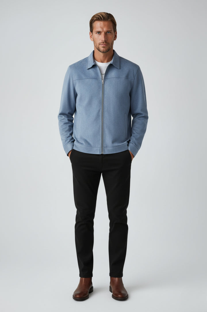 Dusty Blue Suede Jakke til Mænd – Elegant og Alsidig Hverdagsjakke