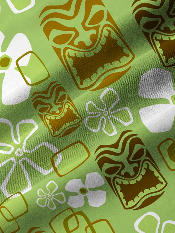 Alohadaddy Vintage Holiday Tiki Art Green Men's Hawaiian Shirts Stretch Aloha Camp Pocket Shirts
