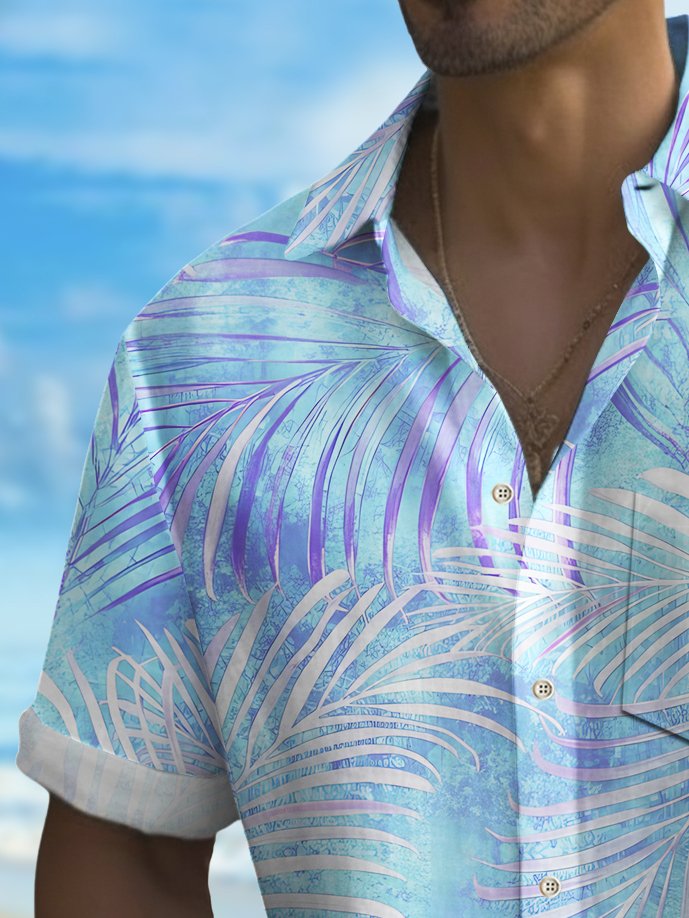 Alohadaddy Beach Vacation Men's Hawaiian Shirt Gradient Botanical Print Stretch Pocket Camping Shirt Big Tall