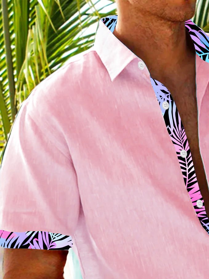 Alohadaddy Basic Men's Hawaiian Shirt Pink Botanical Print Stretch Pocket Camping Shirt