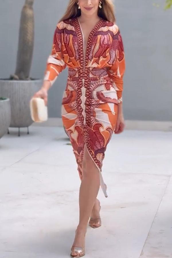 Unique Print Dolman Long Sleeve Ruched Slit Midi Dress