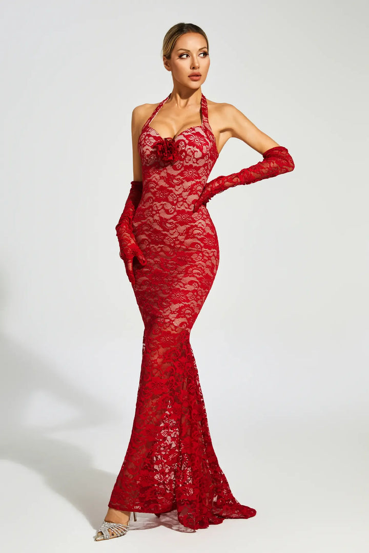 Denali Lace Mesh Maxi Dress In Wine Red