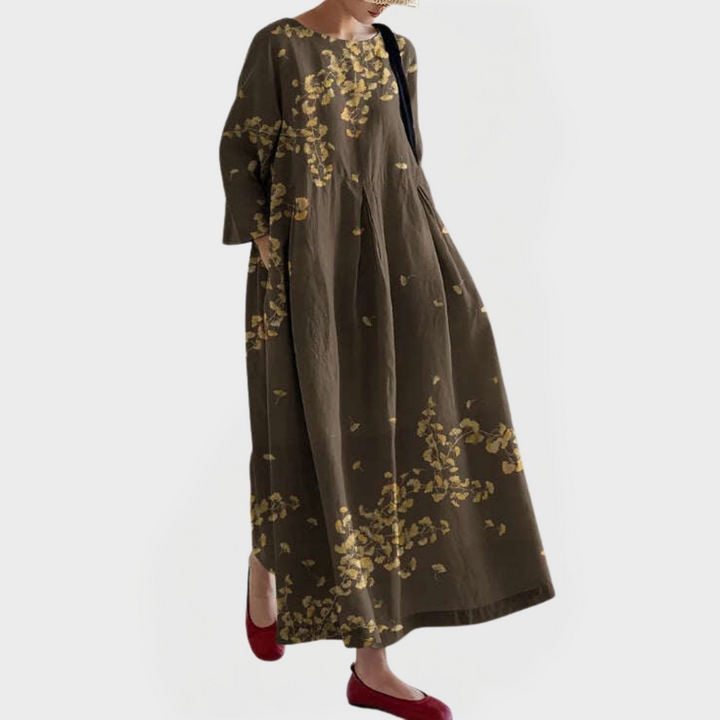 Elegant Maxikjole i Linned med Broderet Blomsterdæmpe